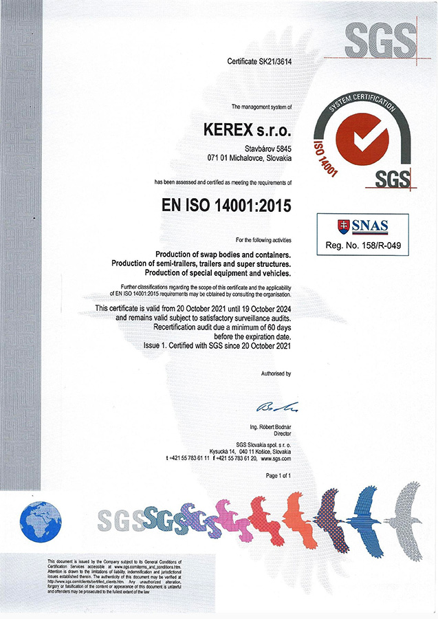 SGS Certifikát ISO 14001:2015